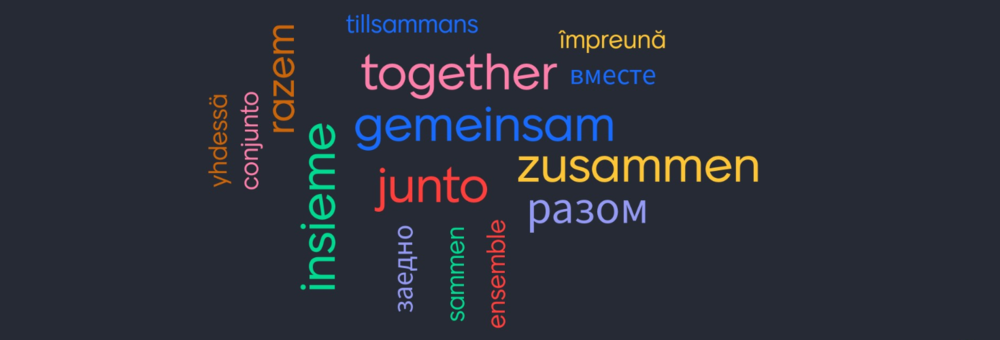 Das Wort "Gemeinsam" in verschiedenen Sprachen und unterschiedlichen Farben.