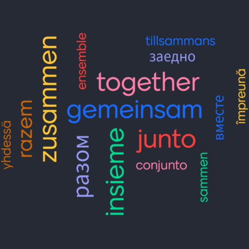 Das Wort "Gemeinsam" in verschiedenen Sprachen und unterschiedlichen Farben