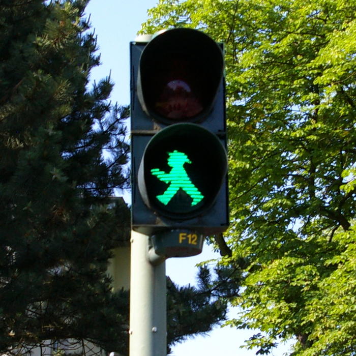 Eine Ampel mit einem grünen Ampelmenschen. Im Hintergrund Bäume.